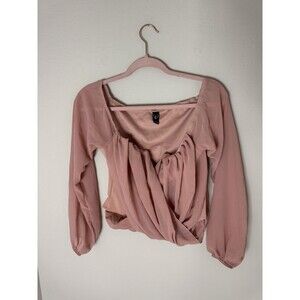 Windsor Pink Chiffon Ruffle Square Neck Long Sleeve Cropped Blouse Size L